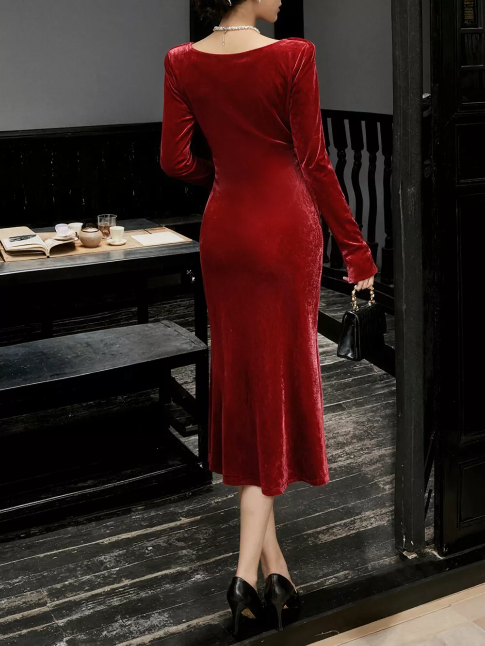 Velvet Cowl Neck Long Sleeve Midi Dress, image 8