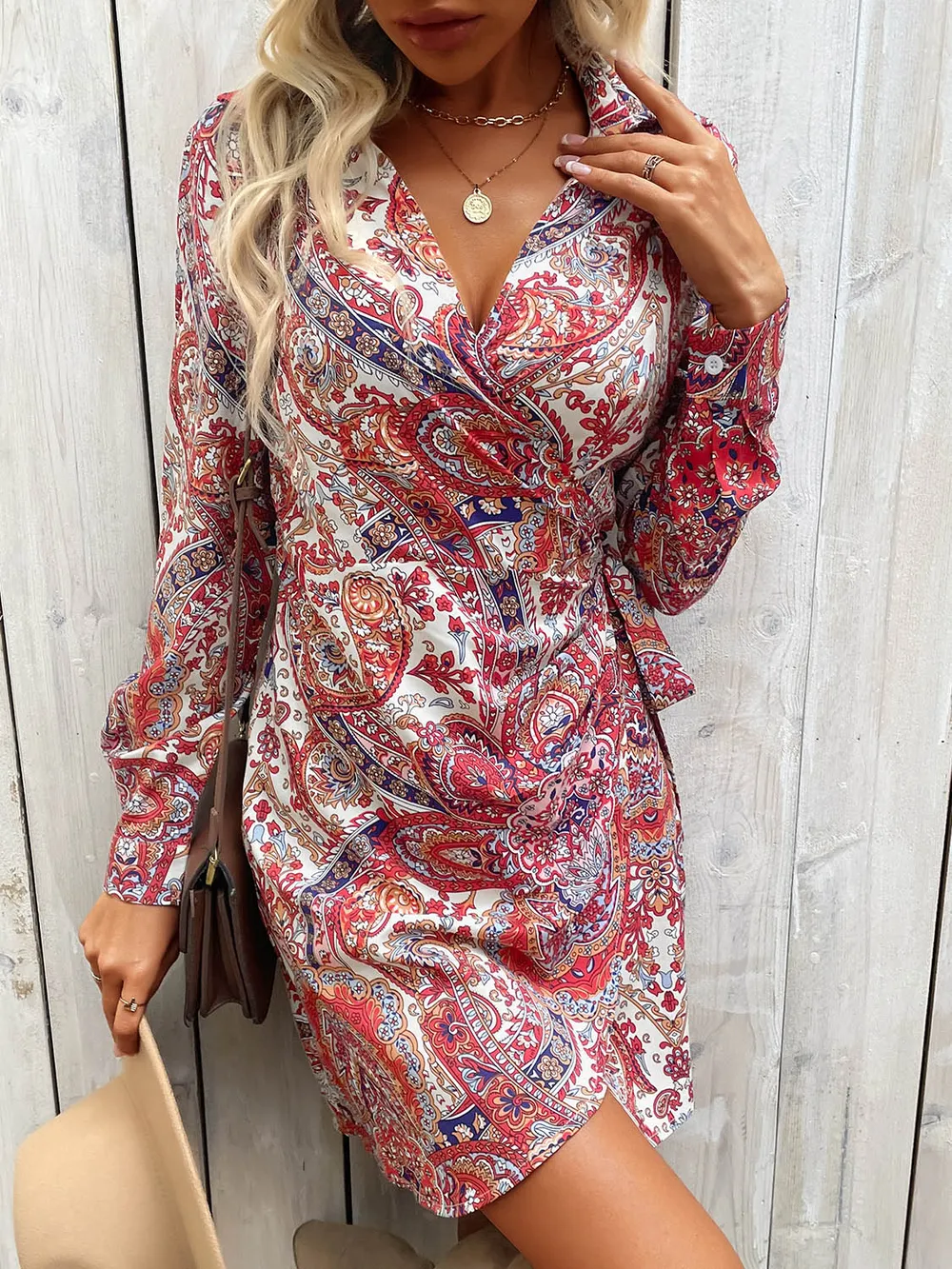 Tied Printed Long Sleeve Mini Dress, image 3
