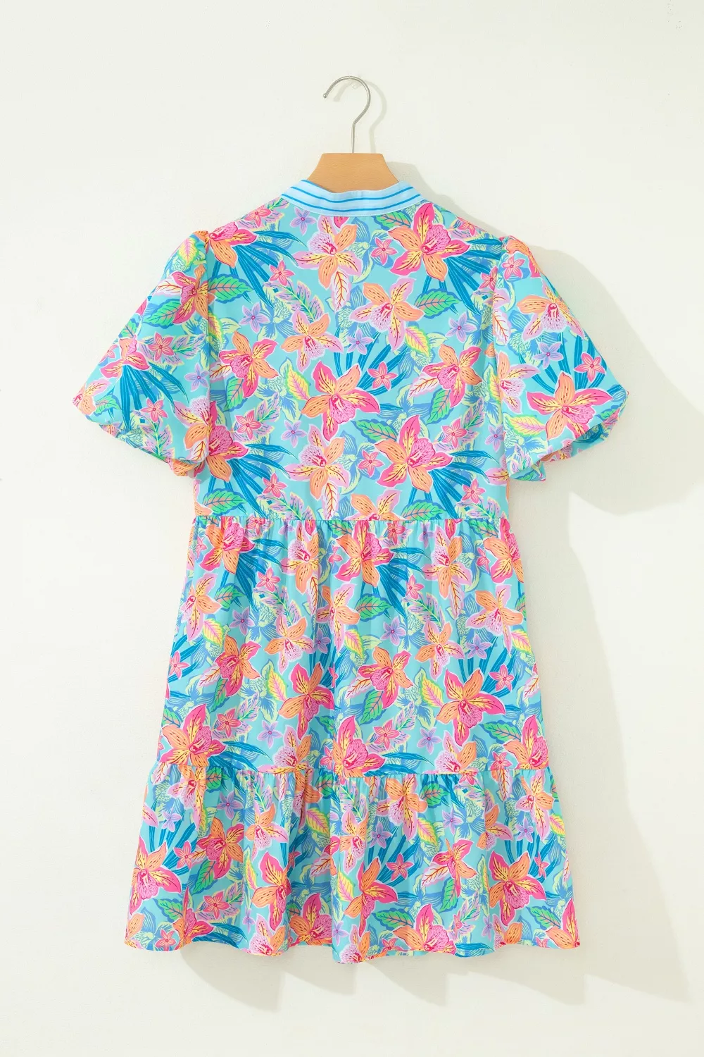 Floral Print Contrast Scallop Striped Trim V Neck Dress, image 4