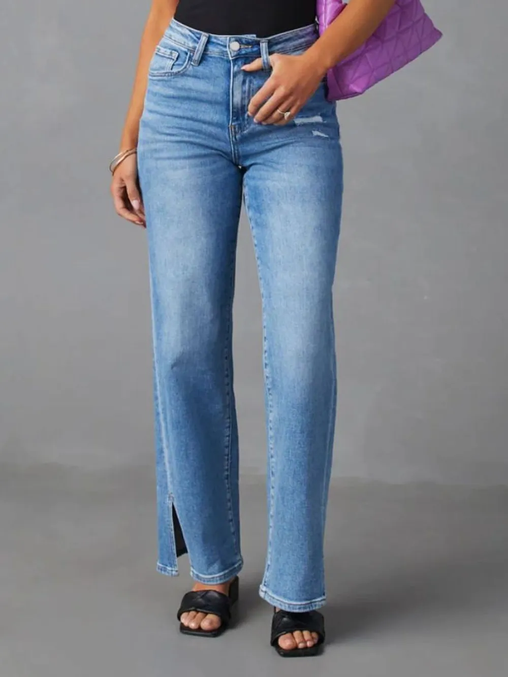 Slit Buttoned Jeans with Pockets, image 3