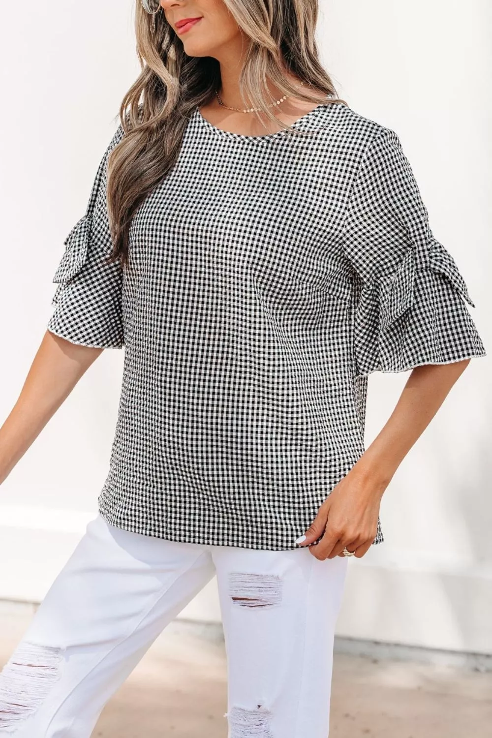 Gingham Bow Half Sleeve Blouse, image 7