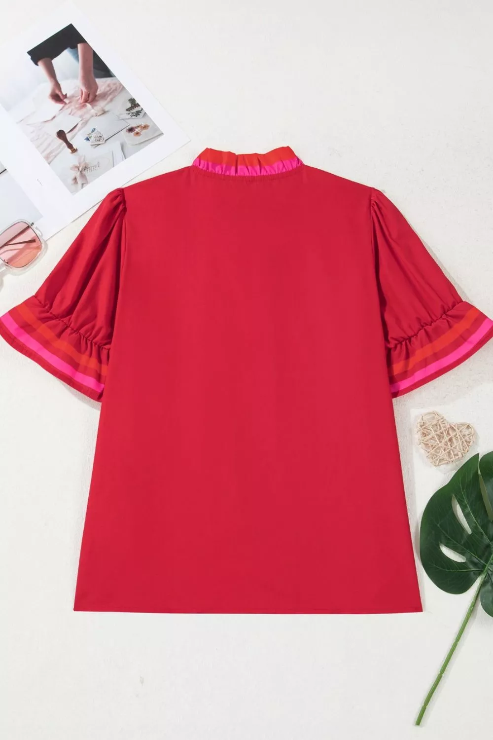 Ruffled Sleeve Notched Blouse with Striped Detail, image 6