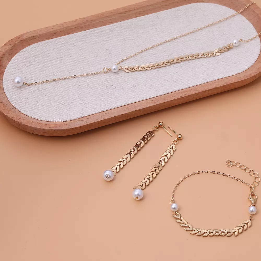 Wheat‑Spike Faux Pearl Necklace Bracelet Earrings 3‑Pcs Jewelry Set, image 5