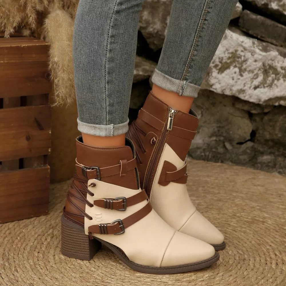 Point Toe Buckle Strap Ankle Boots with Block Heels, image 15