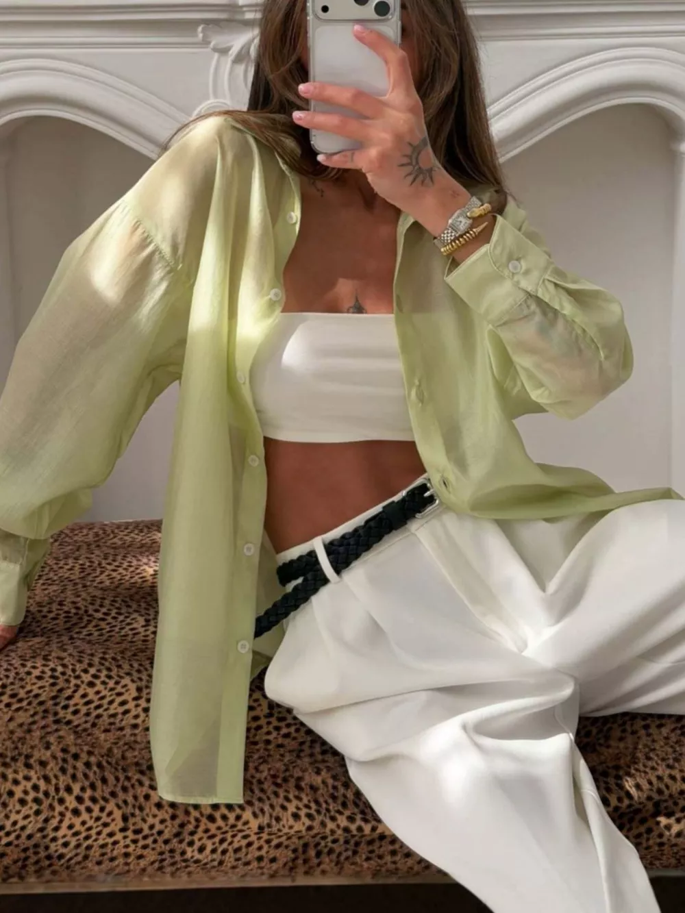 Sheer Oversized Button-Up Shirt, image 3