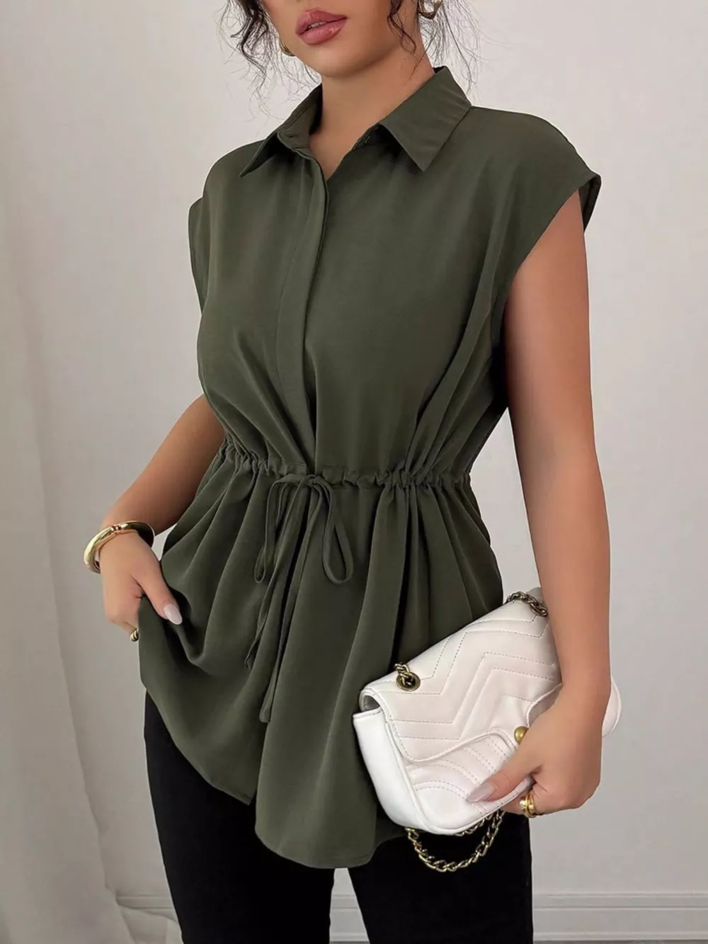 Drawstring Waist Cap Sleeve Shirt, image 33