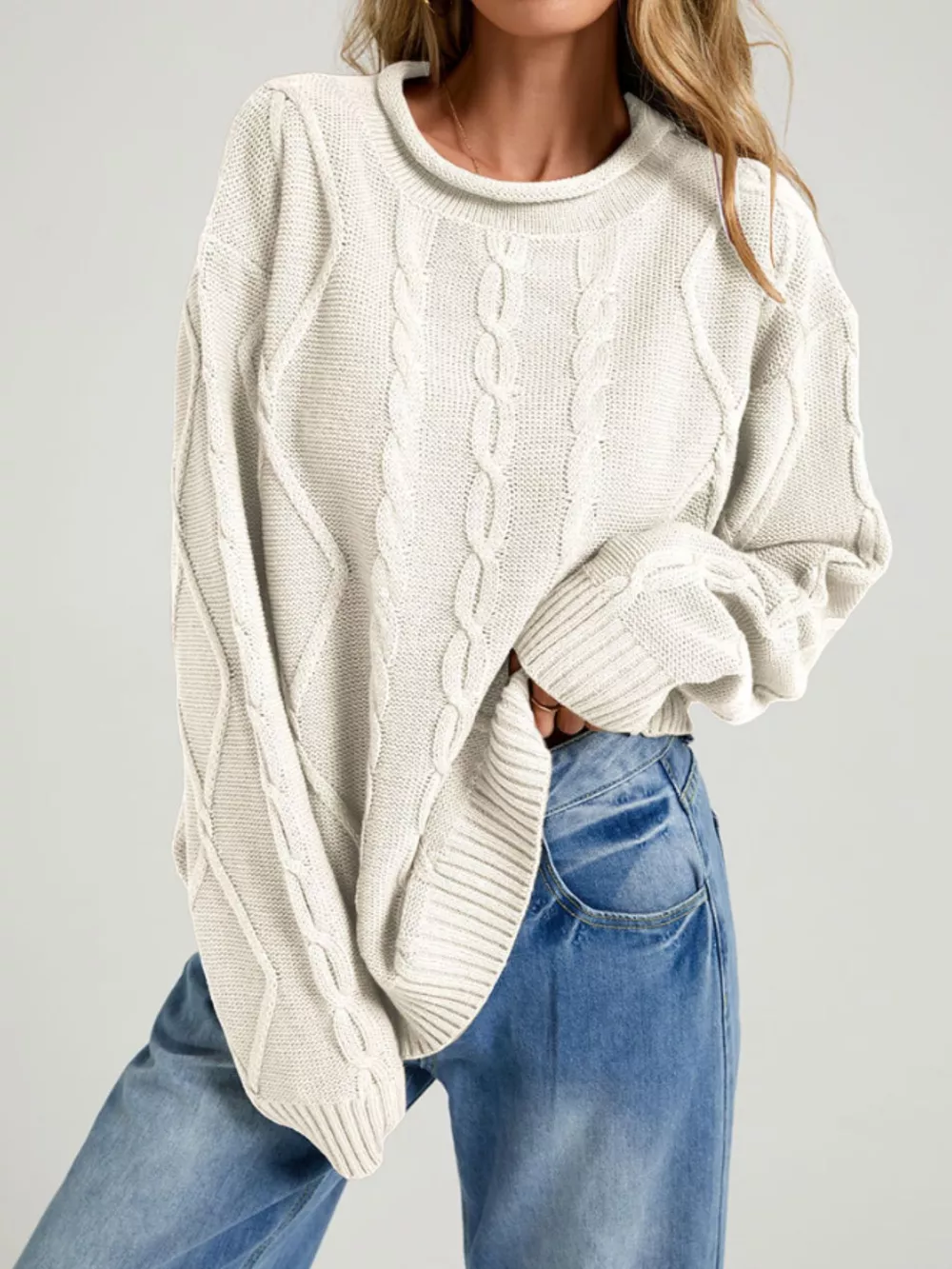 Cable Knit Ribbed Hem Sweater, image 9