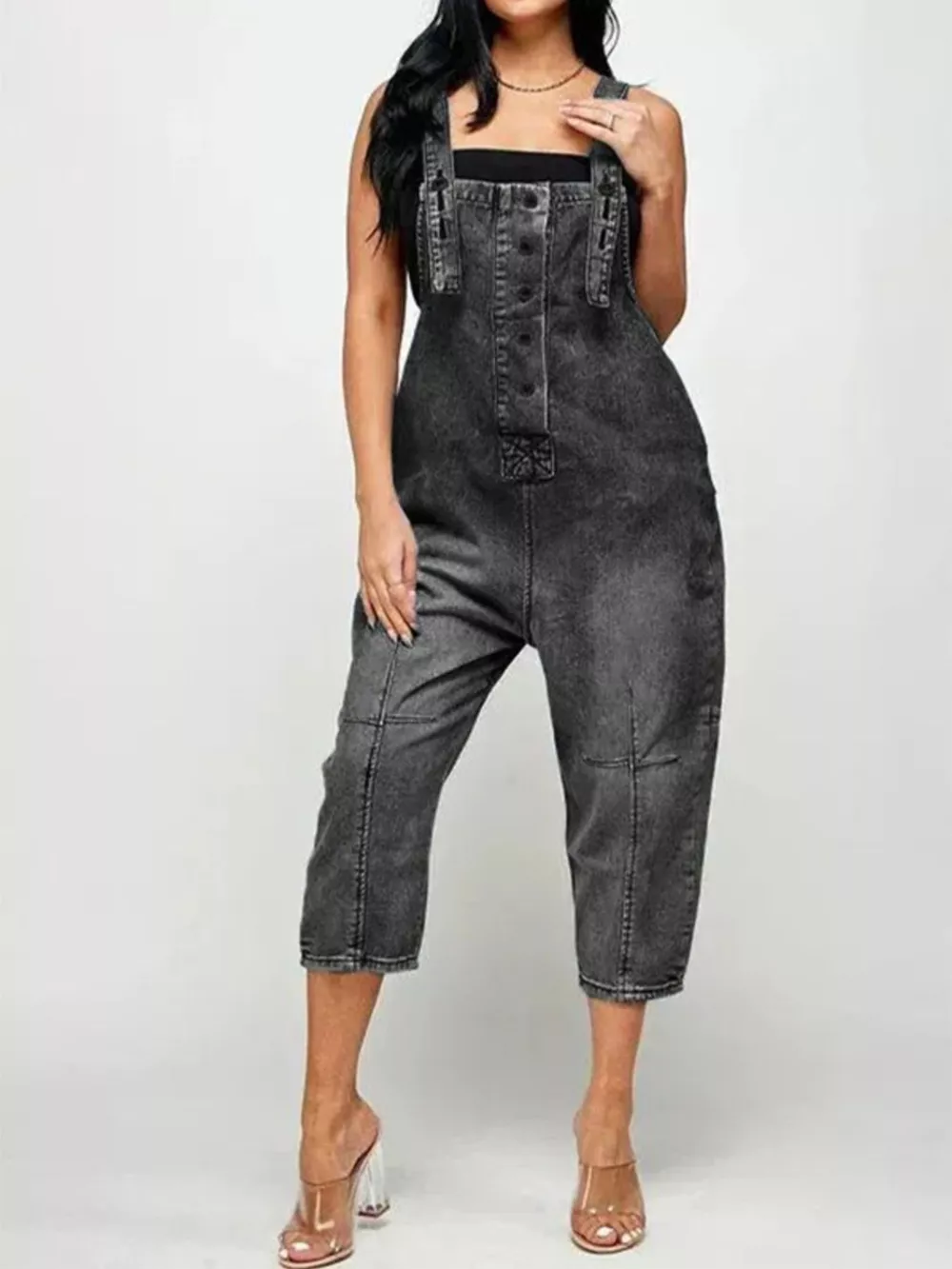 Full Size Button Front Denim Overalls with Pockets Plus Size, image 11