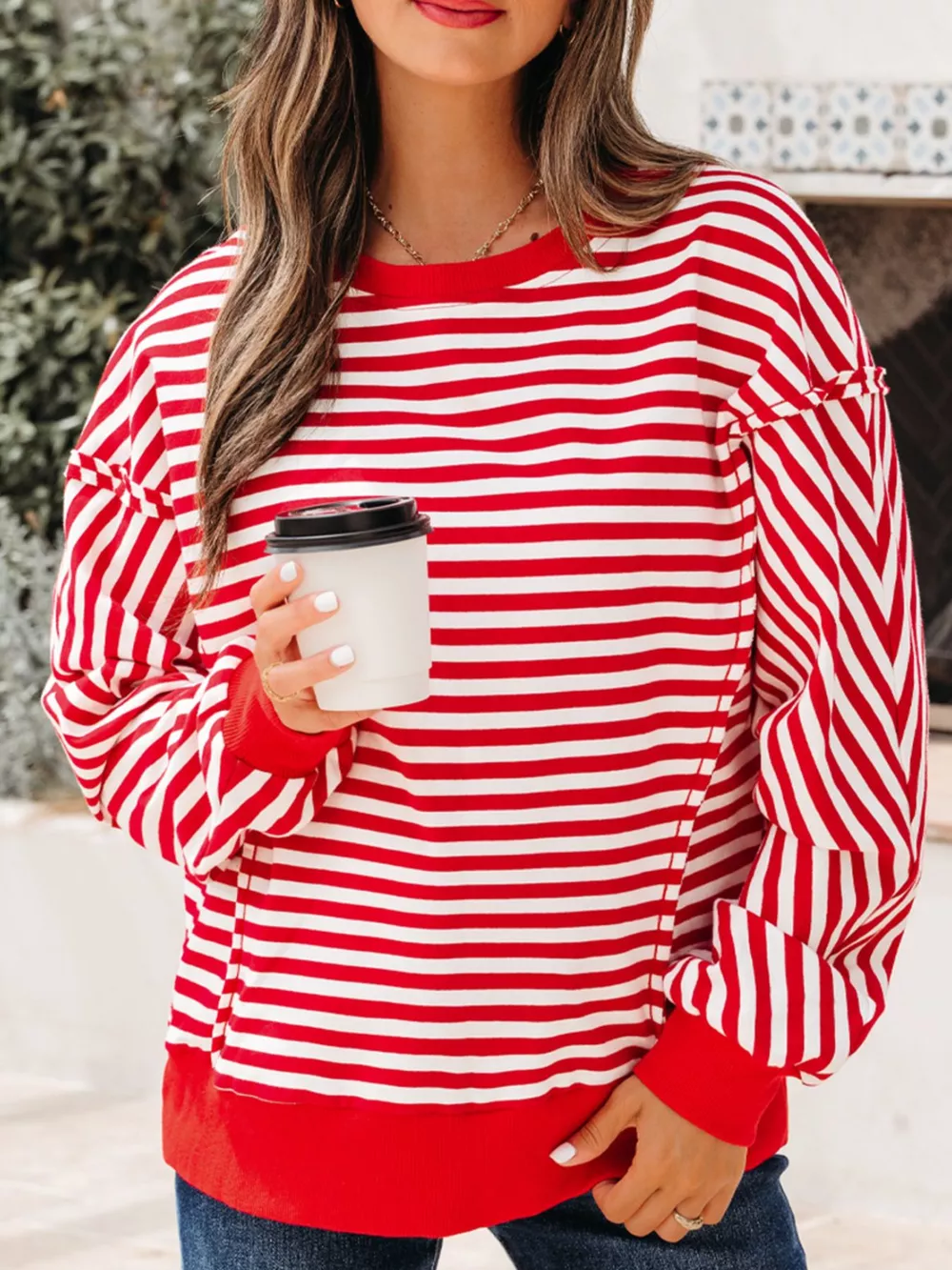 Stripe Exposed Seam Drop Shoulder Casual Top, image 3
