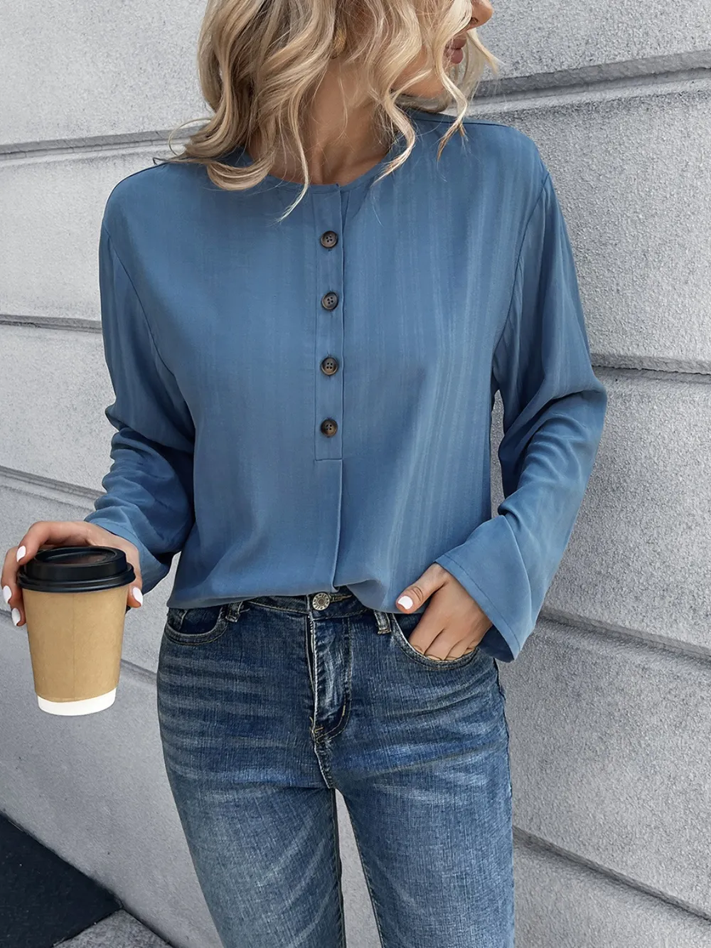 Half Button Long Sleeve Blouse, image 2