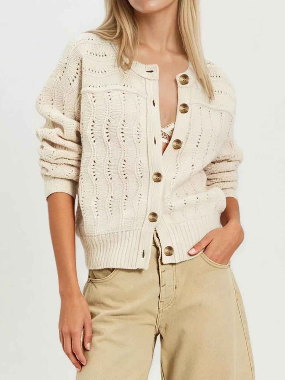 Openwork Button-Down Knit Cardigan, image 9