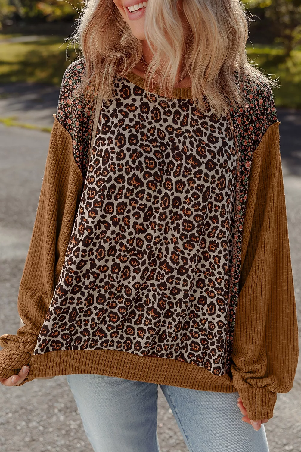 Leopard Floral Print Ribbed Puff Sleeve Patchwork Loose Sweatshirt