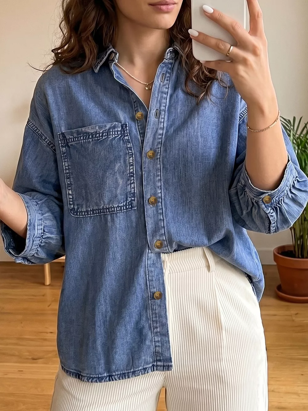 Three Quarter Sleeve Button Front Loose Denim Shirt, image 2