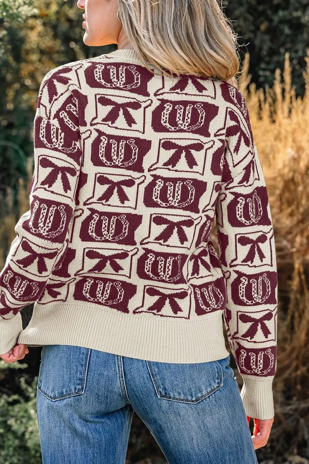Bows & Horseshoes Pattern Western Round Neck Sweater, image 2
