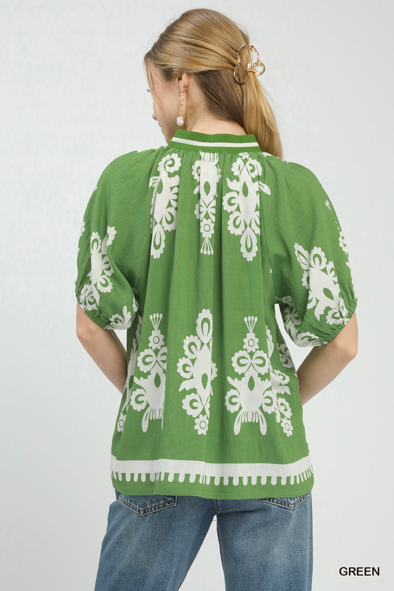 Boho Print Split-Neck Short Sleeve Top, image 3