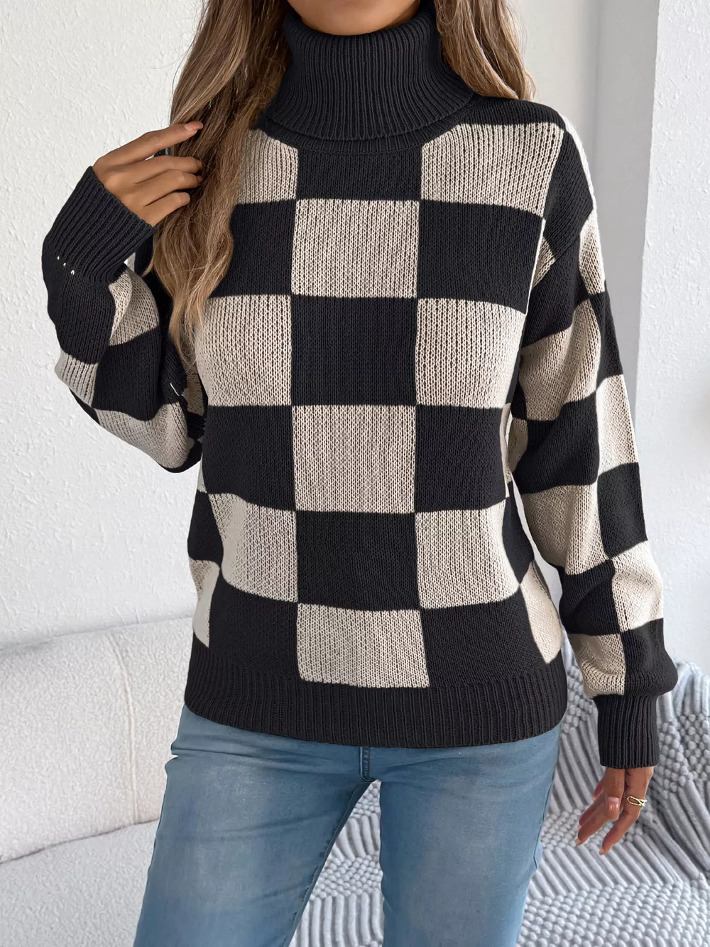 Checkered Turtleneck Long Sleeve Sweater, image 9