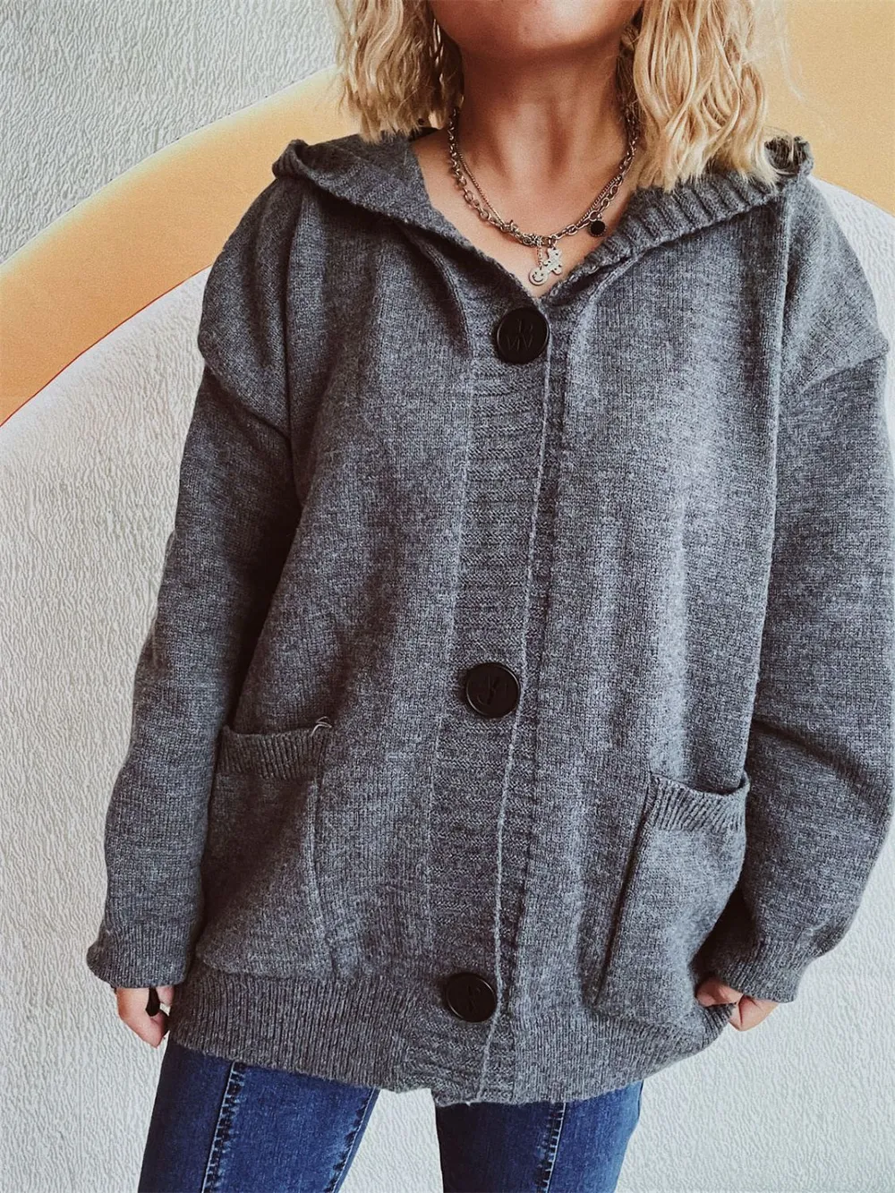 Dropped Shoulder Long Sleeve Hooded Cardigan, image 5