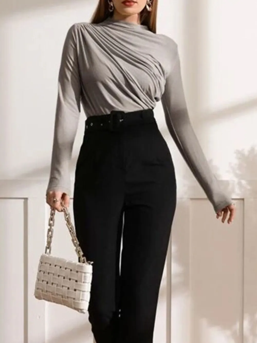 Mock Neck Ruched Long Sleeve T-Shirt, image 13