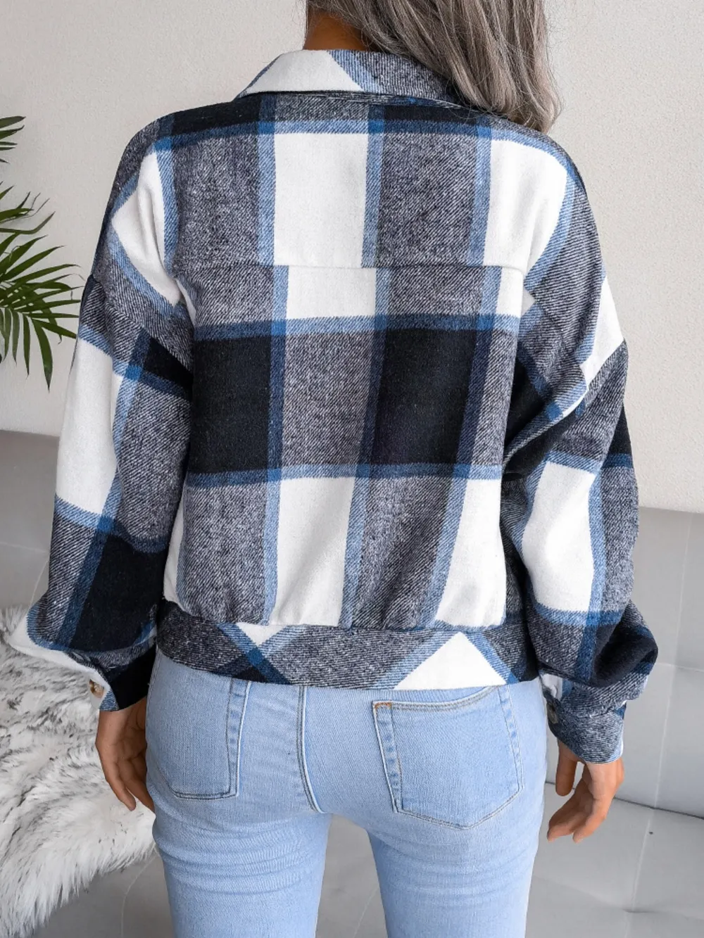 Plaid Collared Neck Long Sleeve Jacket, image 6