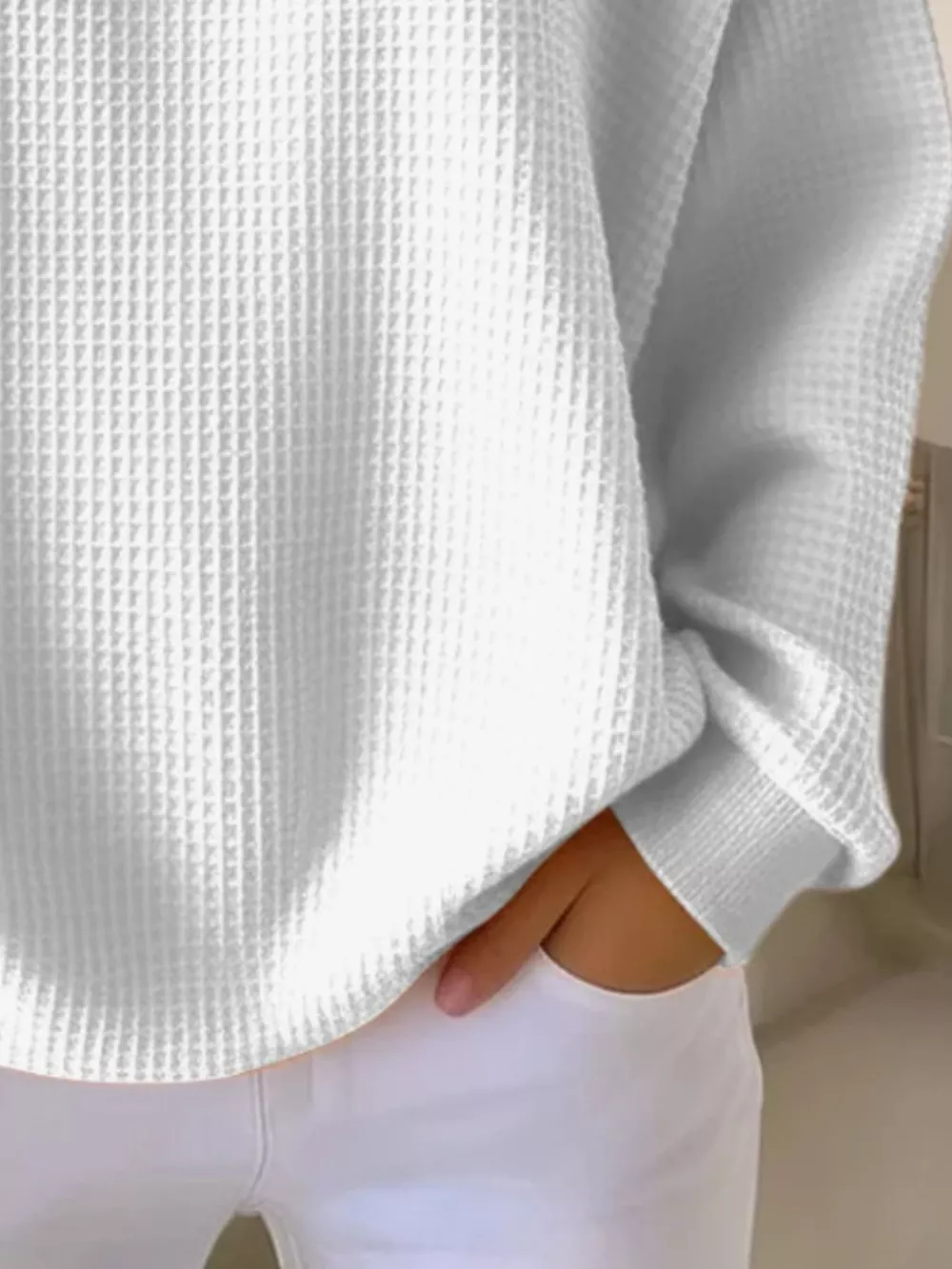 Full Size Casual Waffle Knit Button Detail Pullover Plus Size, image 10