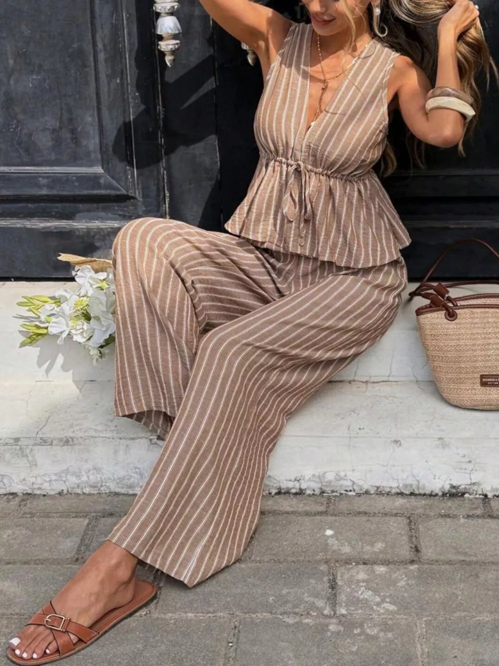 Striped Sleeveless Top and Wide Leg Pants Set, image 6