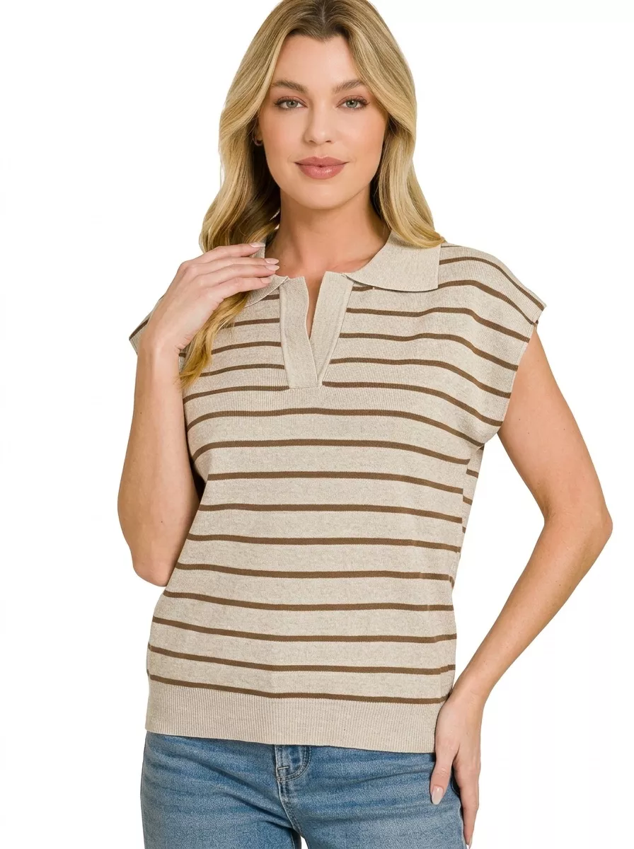 Viscose Striped Collared Sweater Vest, image 3