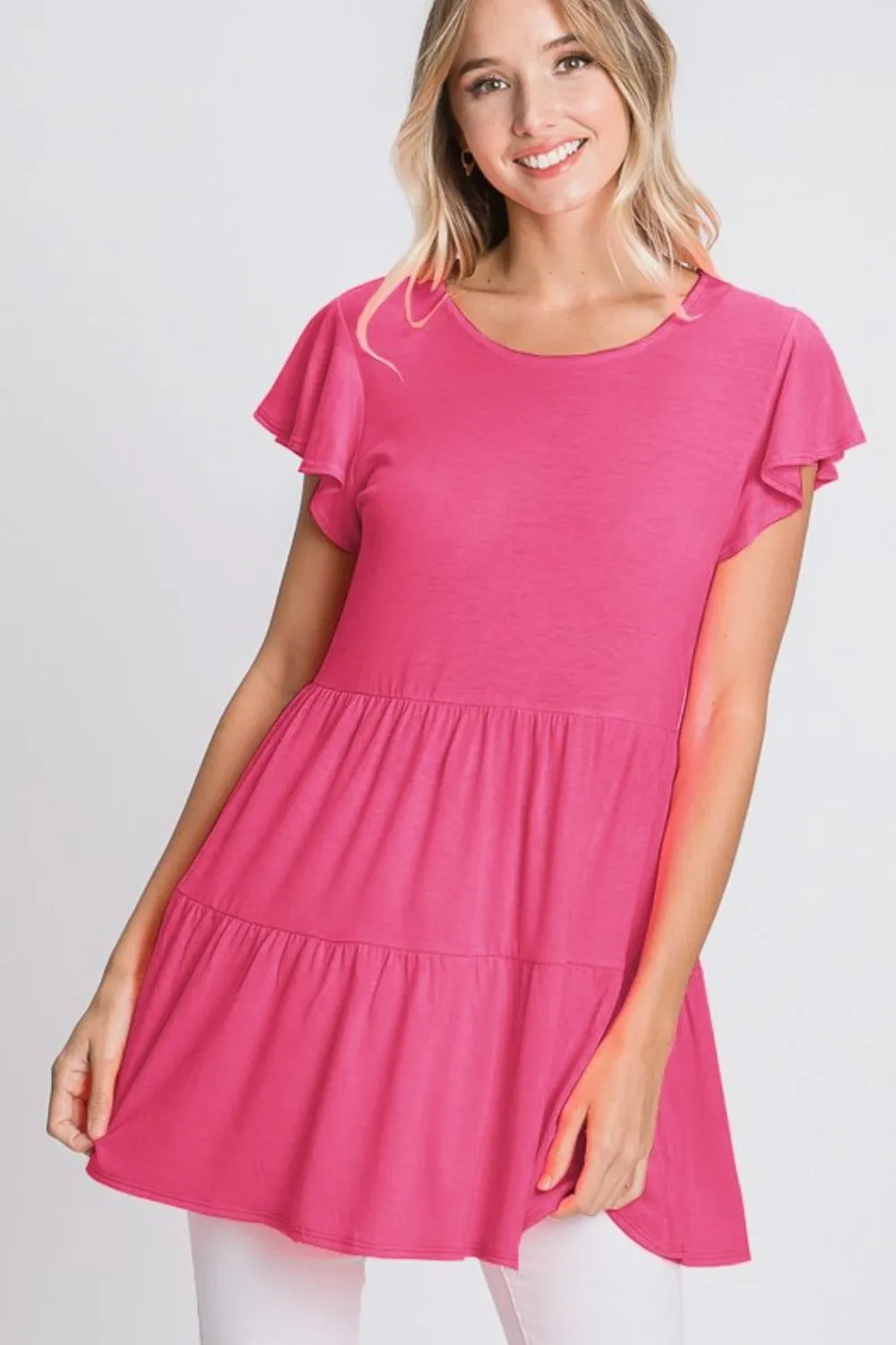 Full Size Tiered Round Neck Ruffle Sleeve Top Plus Size