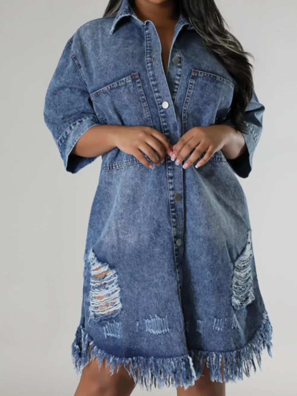 Plus Size Distressed Frayed Hem Button-Down Denim Dress, image 5