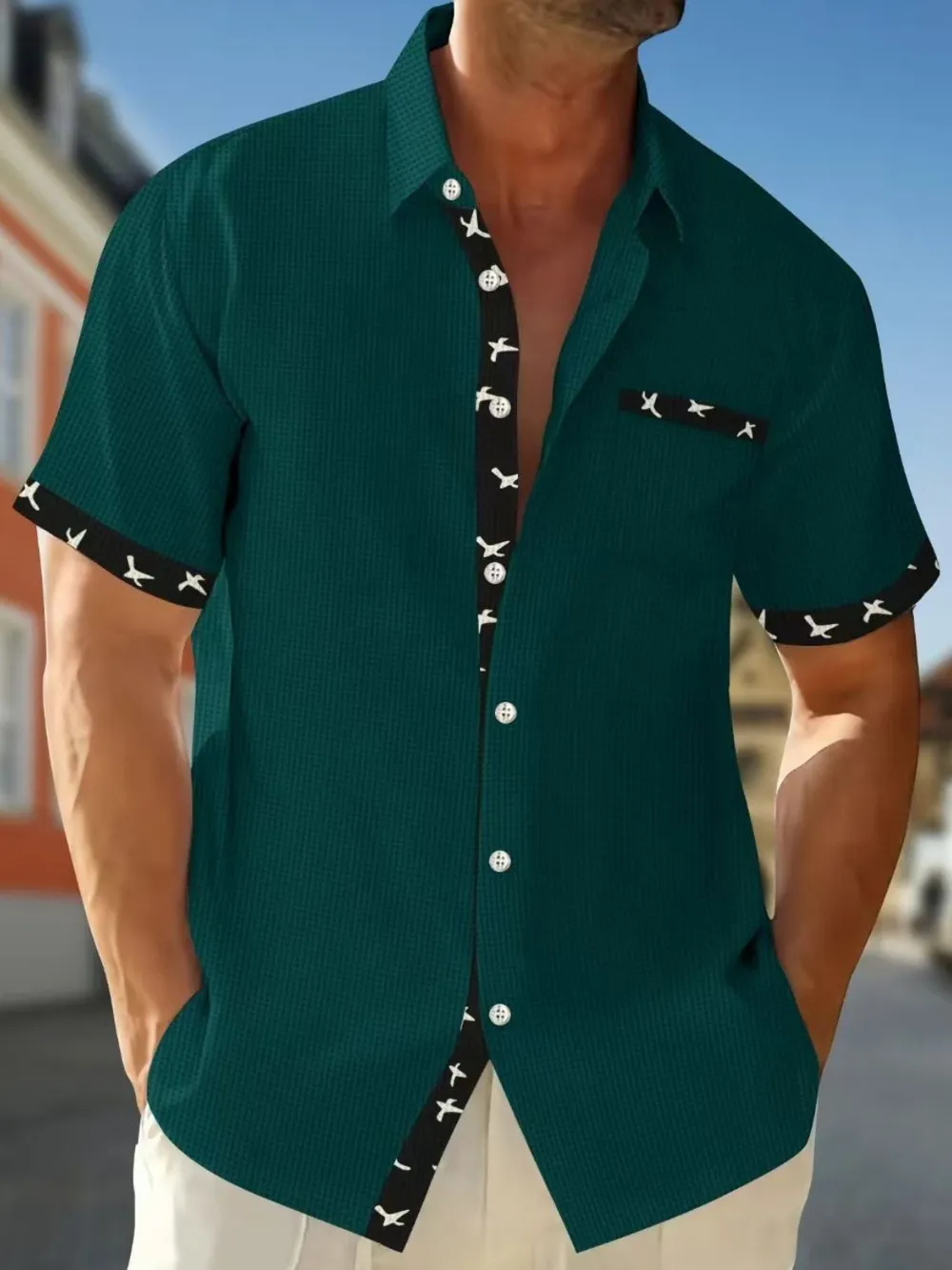 Men's Full Size Contrast Trim Waffle Knit Short Sleeve Shirt Plus Size, image 5
