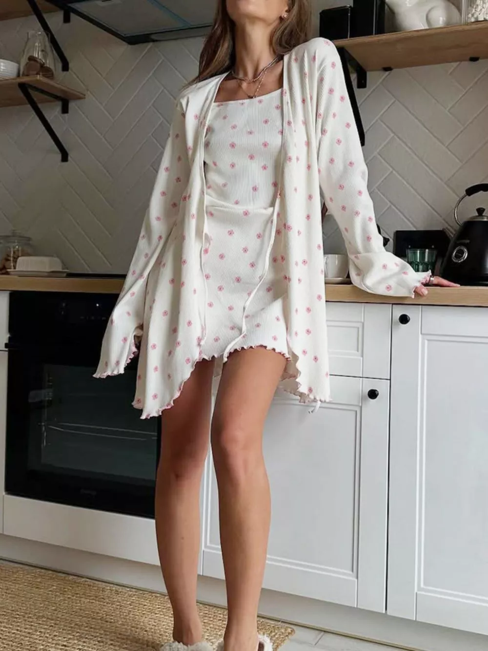 Floral Print Cami Dress and Cardigan Lounge Set, image 2
