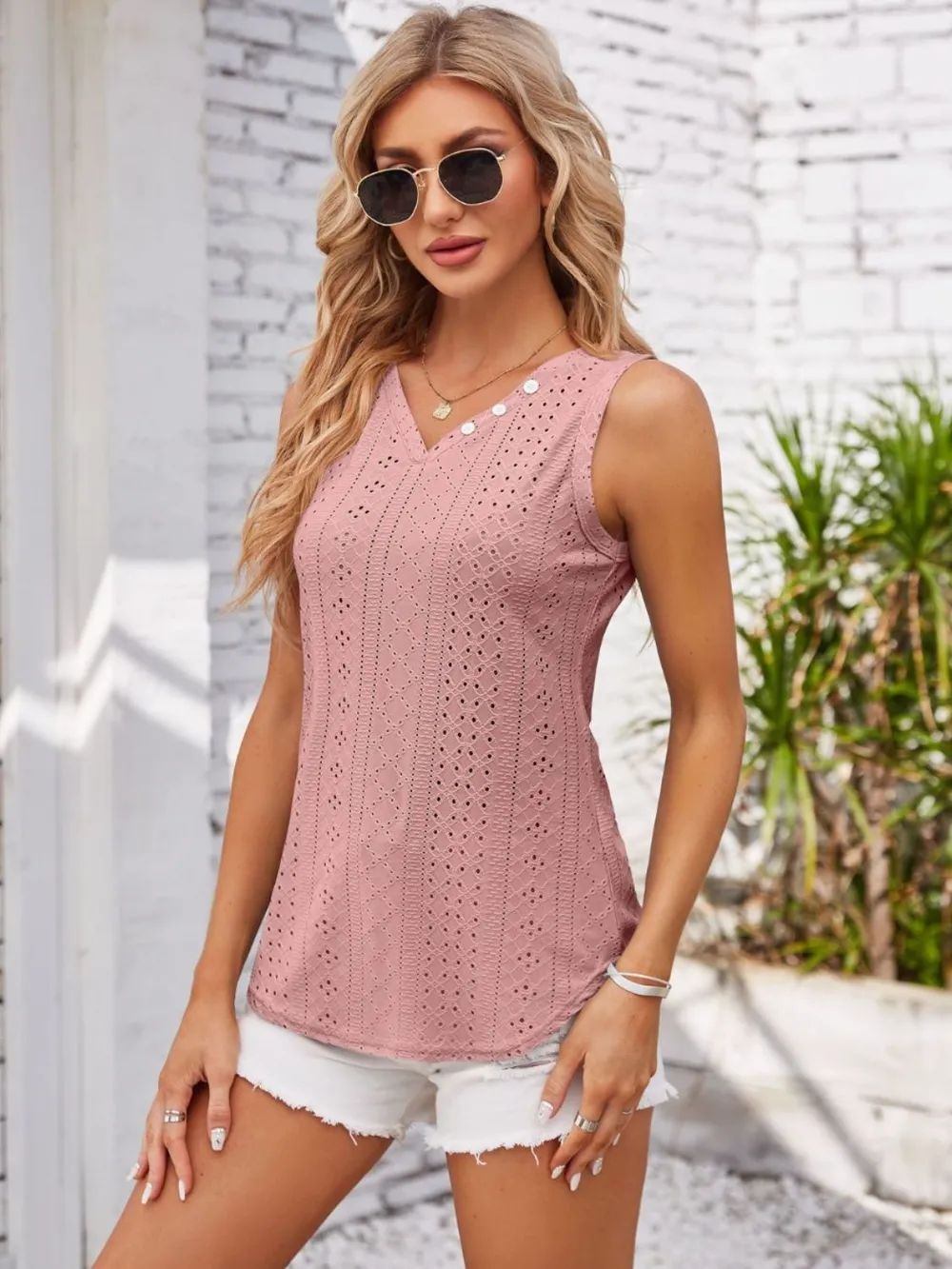 Eyelet Decorative Button V-Neck Tank, image 26