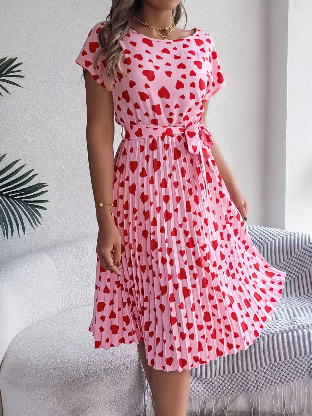 Heart Print Belted Pleated Midi Dress, image 8