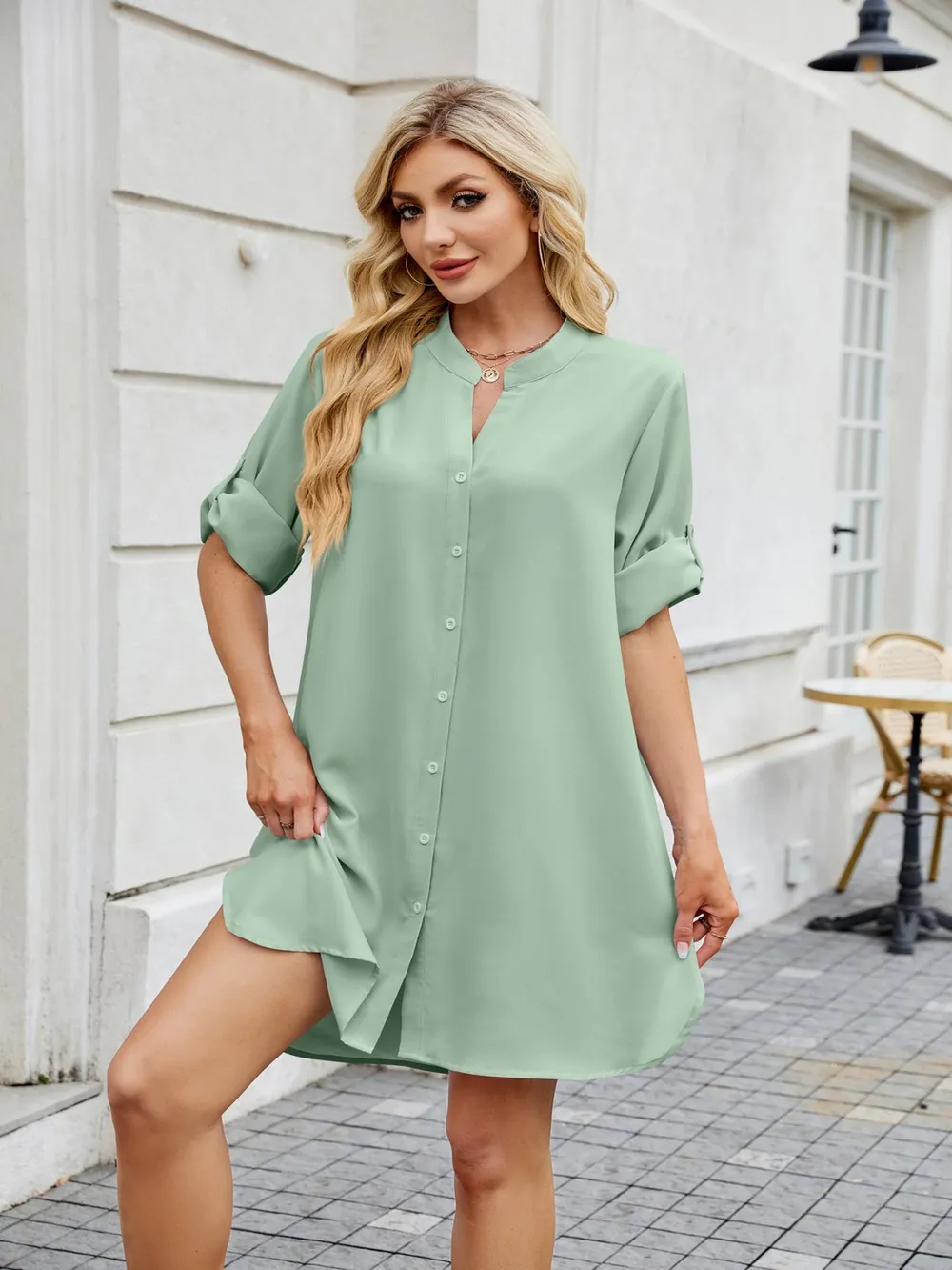 Notched Long Sleeve Mini Shirt Dress, image 12