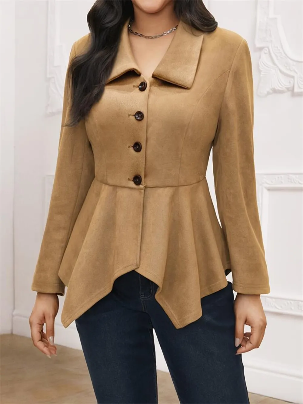 Handkerchief Hem Button Up Collared Neck Jacket, image 3