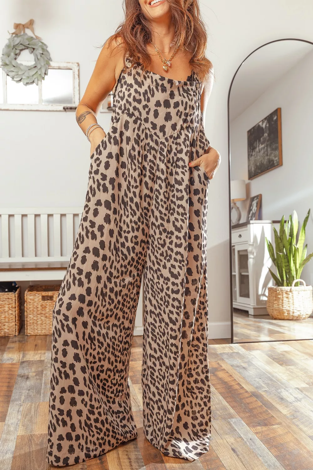 Leopard Print Square Neck Pleated Wide Leg Jumpsuit, image 4