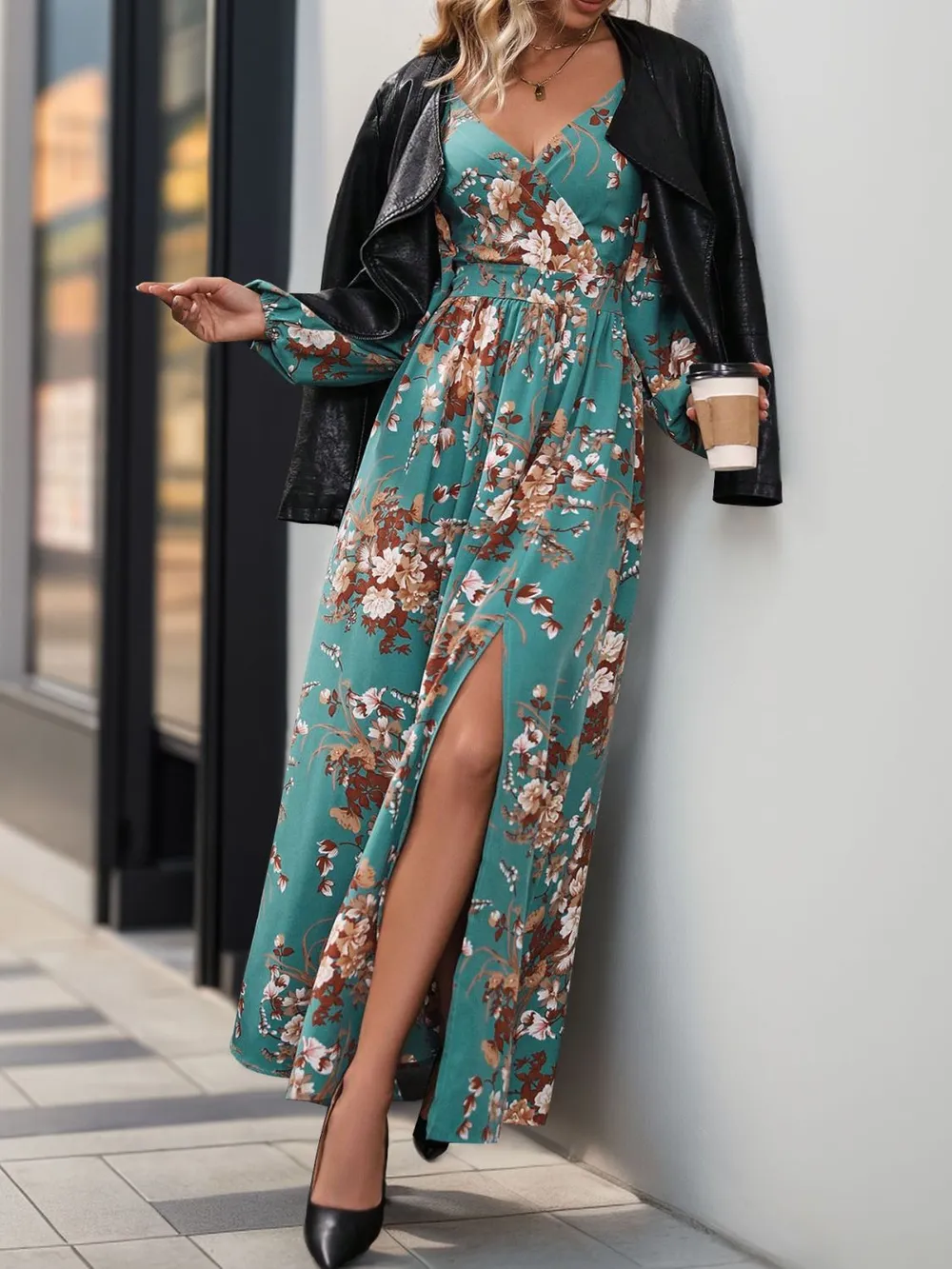 Slit Printed Surplice Long Sleeve Maxi Dress, image 9