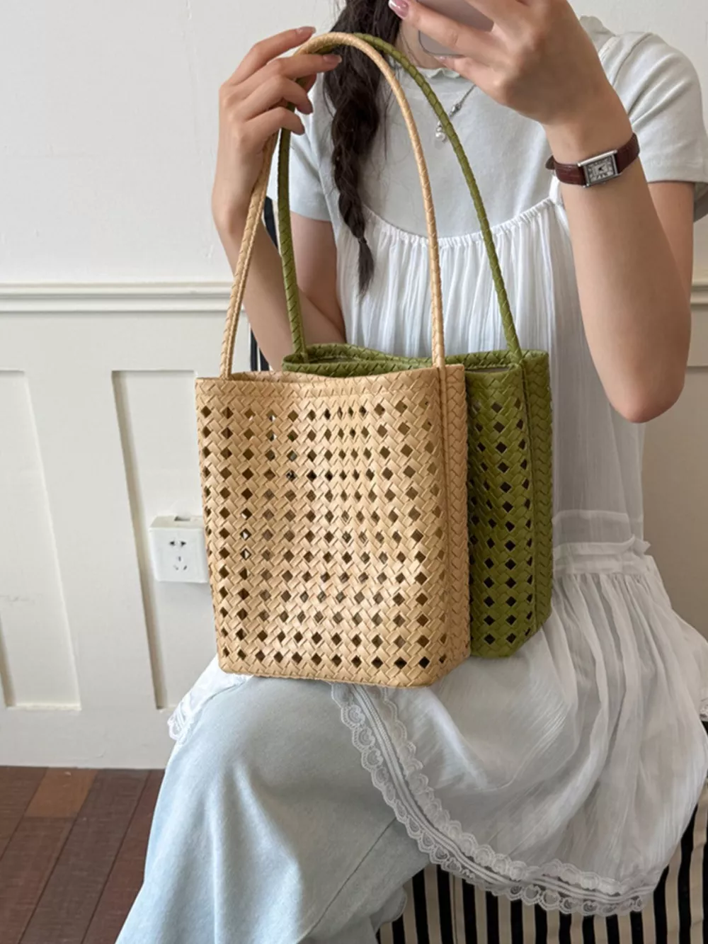 Woven Leather Handbag with Matching Pouch, image 9