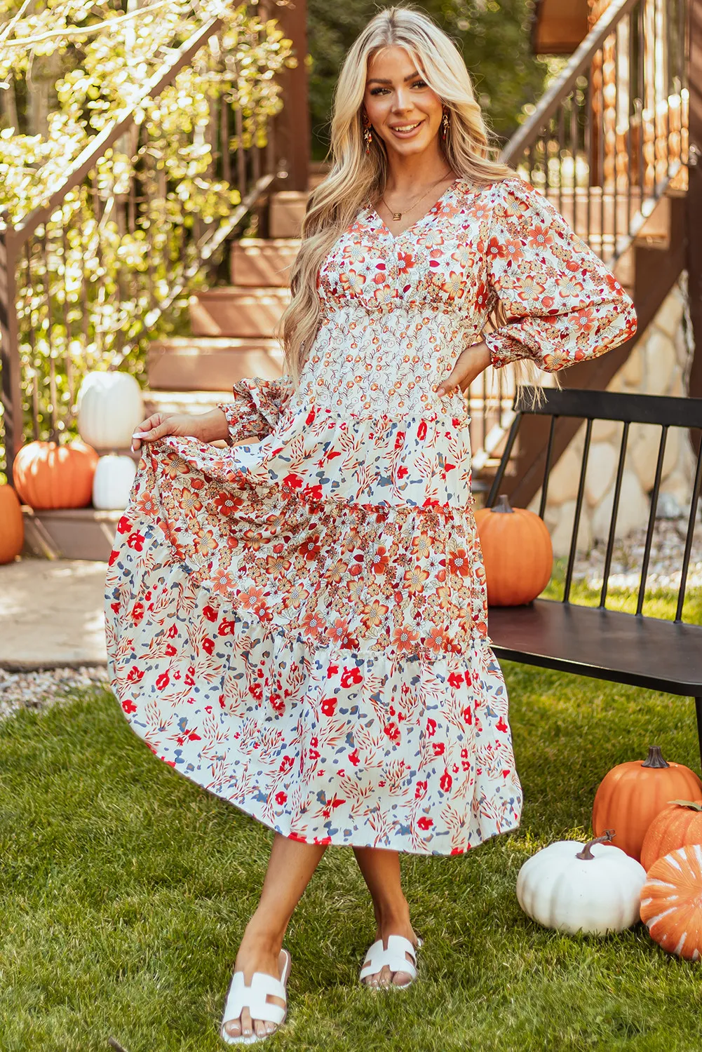 Full Size Printed V-Neck Lantern Sleeve Midi Dress, image 4