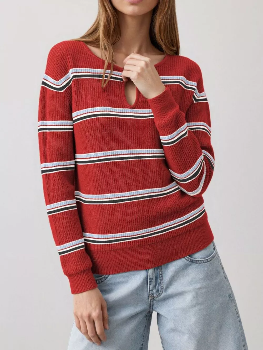 Striped Ribbed Knit Top with Keyhole Neckline, image 3