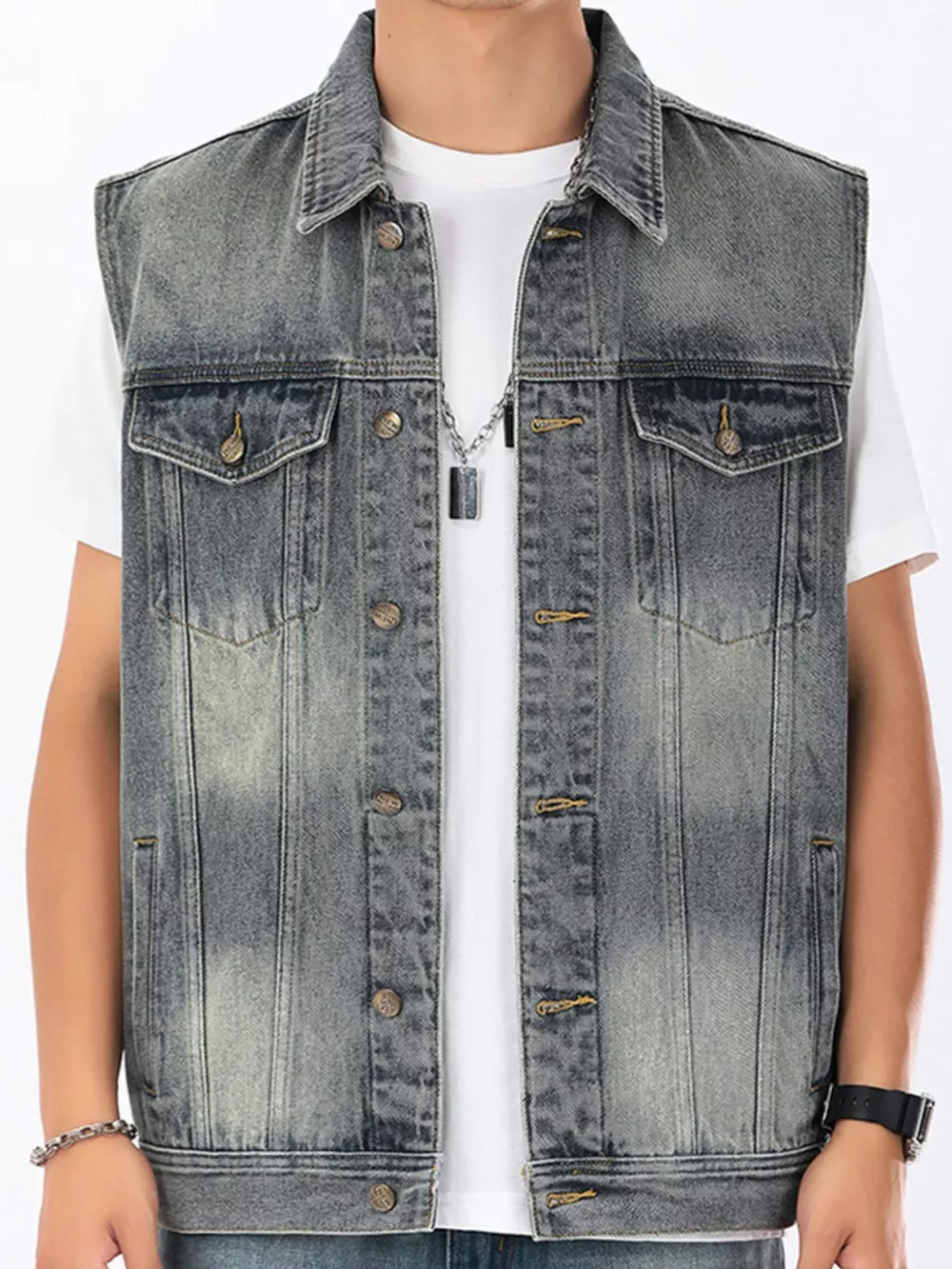 Men's Plus Size Vintage Washed Sleeveless Denim Vest, image 2