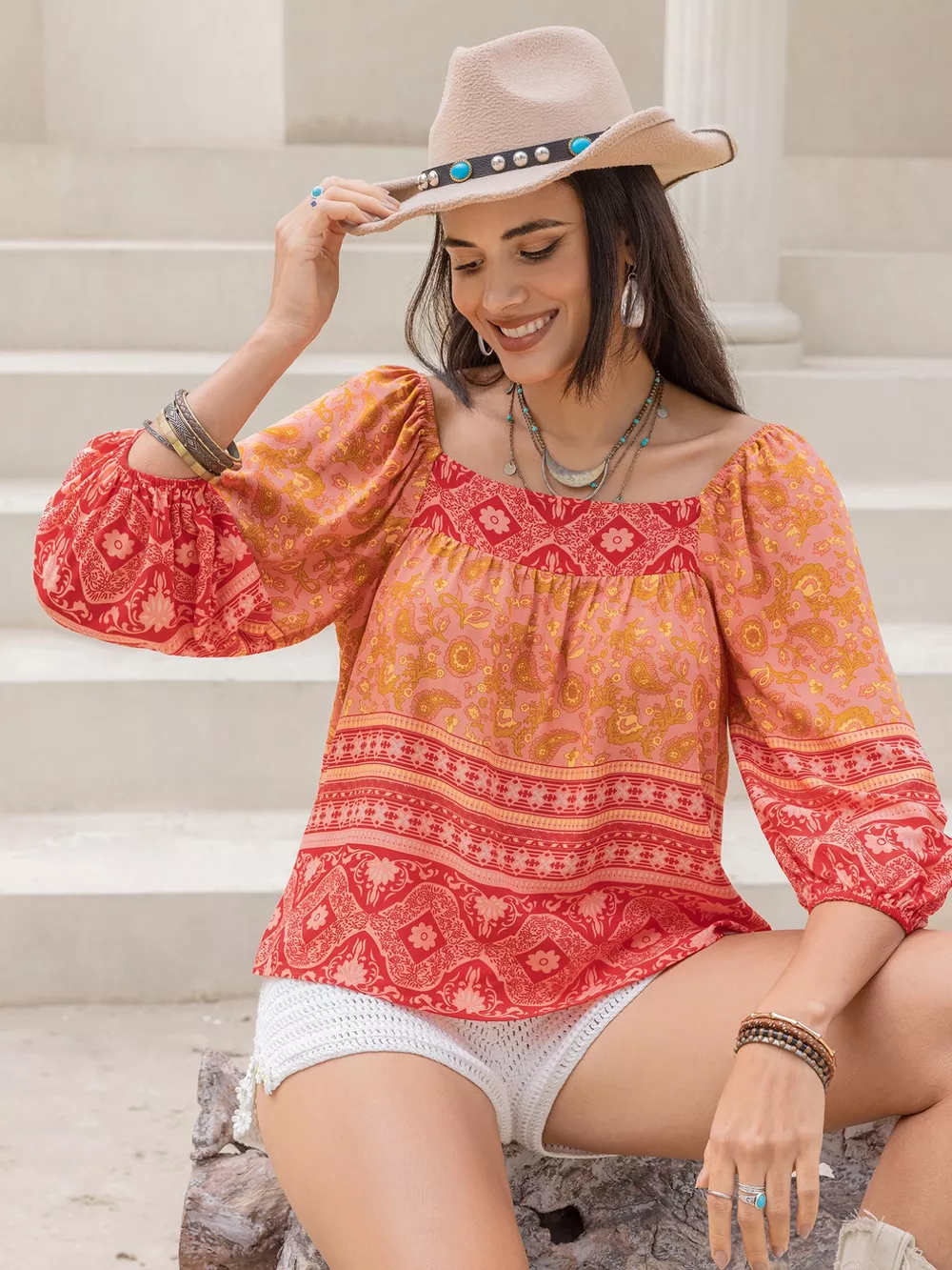 Printed Square Neck Balloon Sleeve Blouse, image 5