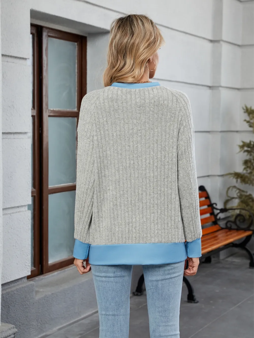 Contrast Trim Round Neck Long Sleeve T-Shirt, image 13