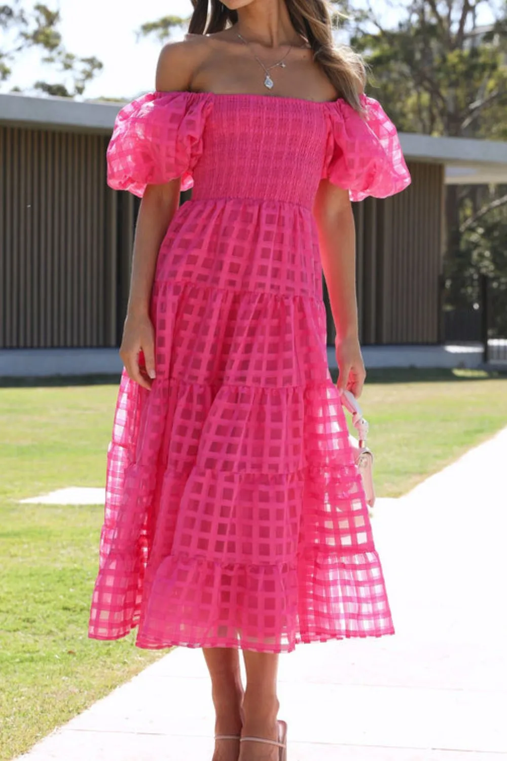 Off Shoulder Short Puff Sleeve Midi Dress, image 33