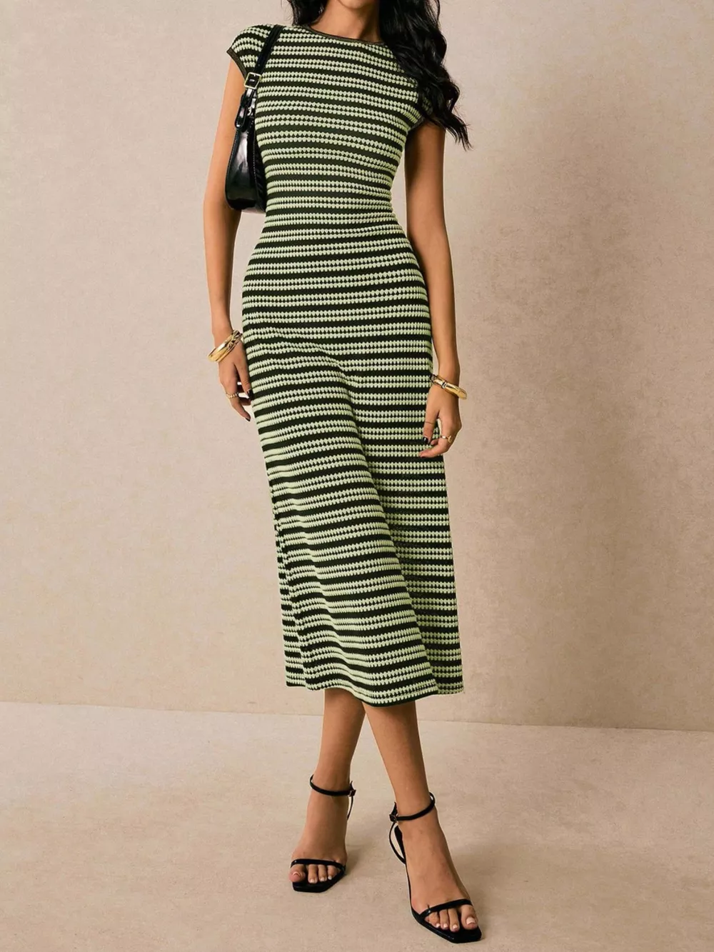 Striped Cap Sleeve Bodycon Midi Dress, image 30