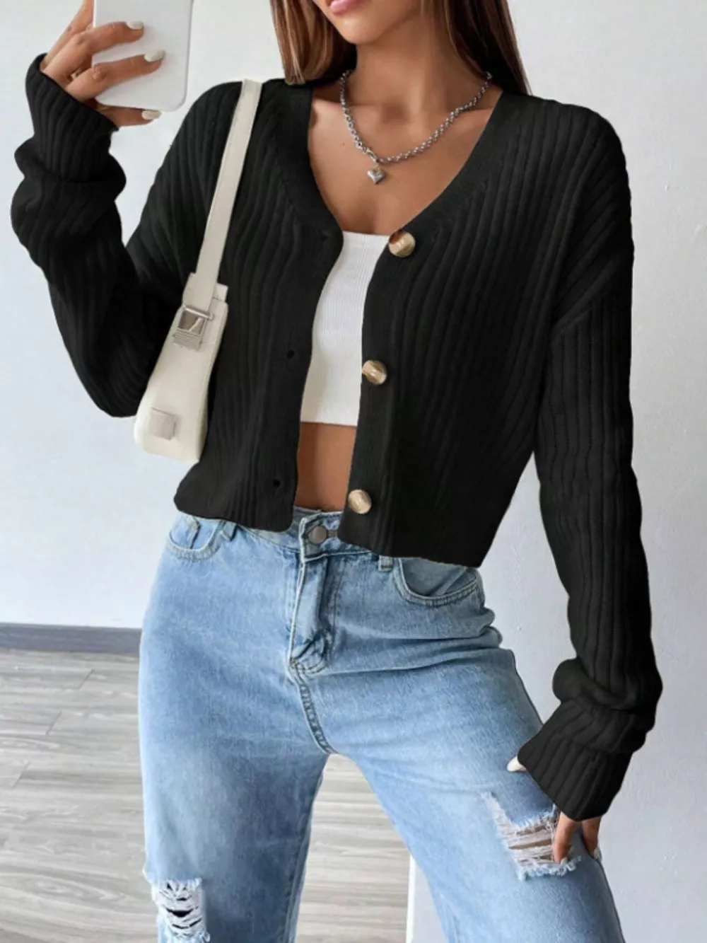 Ribbed Knit Button-Up Cropped Cardigan, image 9