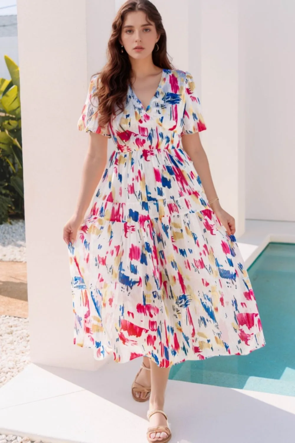 Abstract Print Short Puff Sleeve Tiered Maxi Dress, image 21