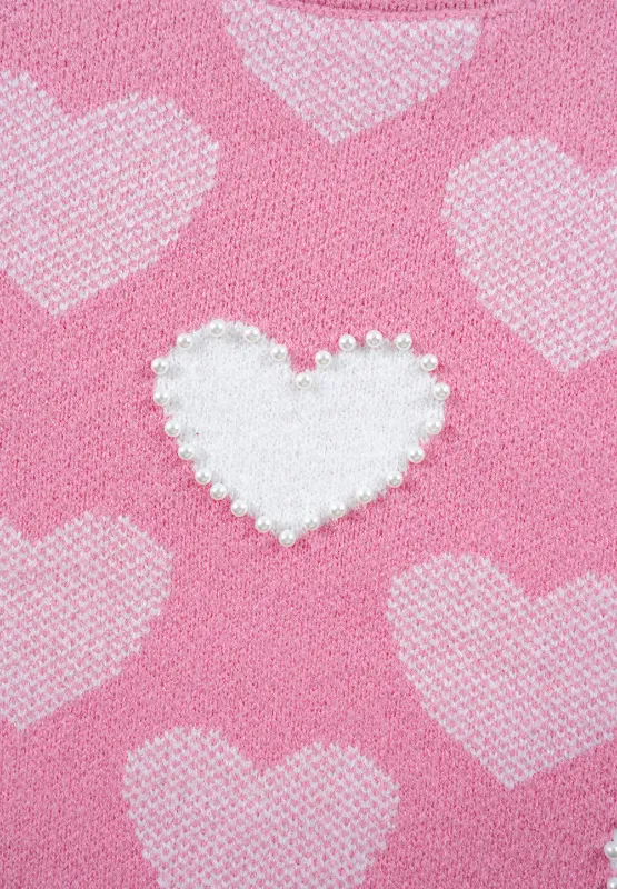 Pearl Trim Heart Round Neck Long Sleeve Sweater, image 8