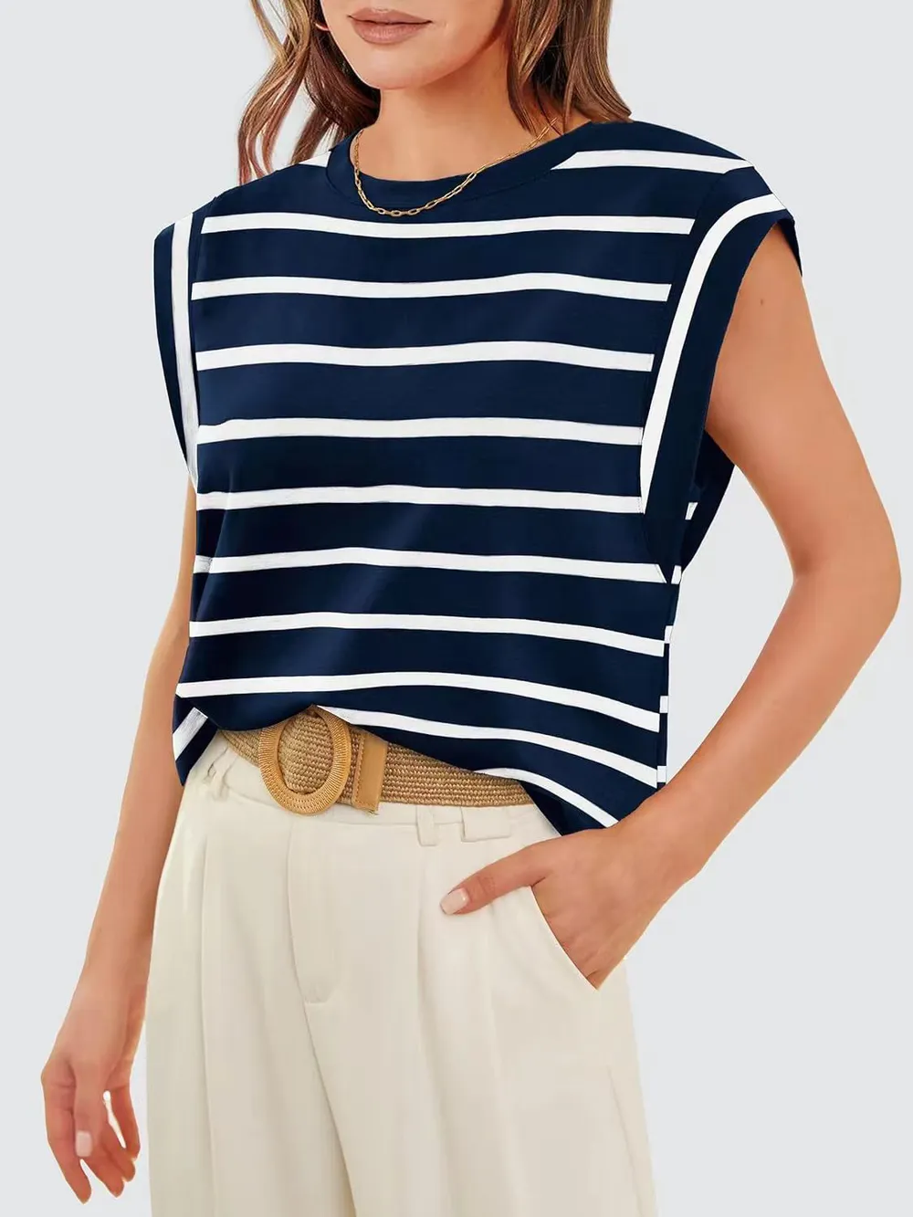 Striped Round Neck Cap Sleeve T-Shirt, image 21