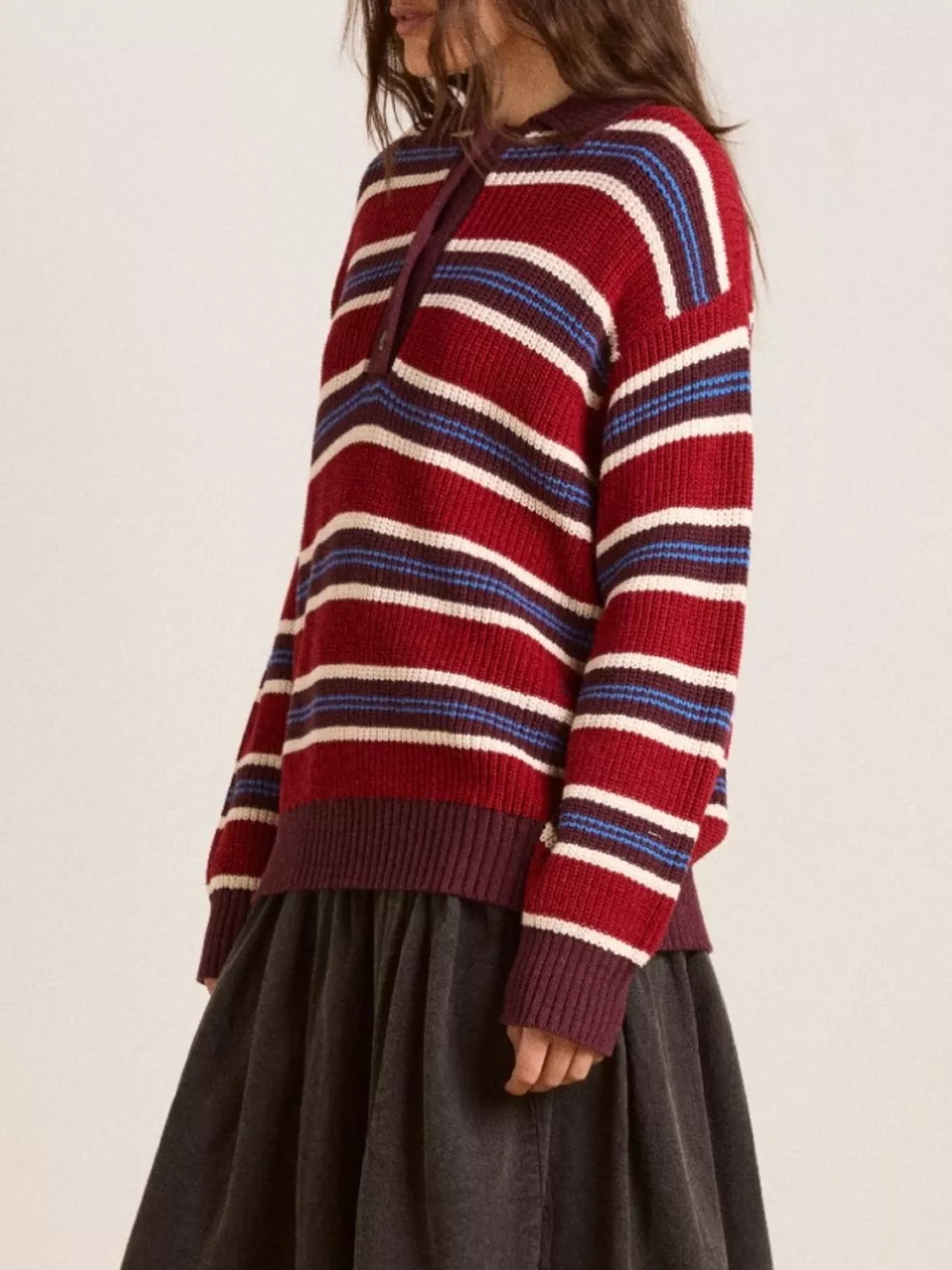 Striped Button Detail Polo Collar Sweater, image 11