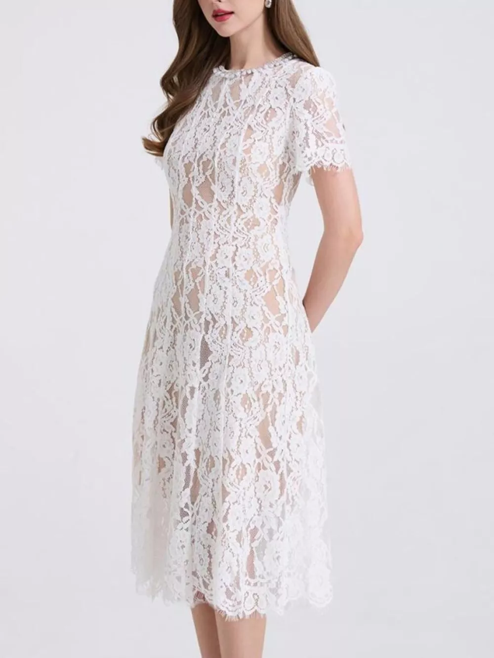 Lace Pearl Neckline Midi Dress, image 16